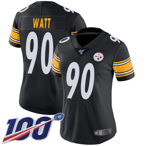 Women Pittsburgh Steelers Football #90 Limited Black T J Watt Home 100th Season Vapor Untouchable Nike NFL Jersey